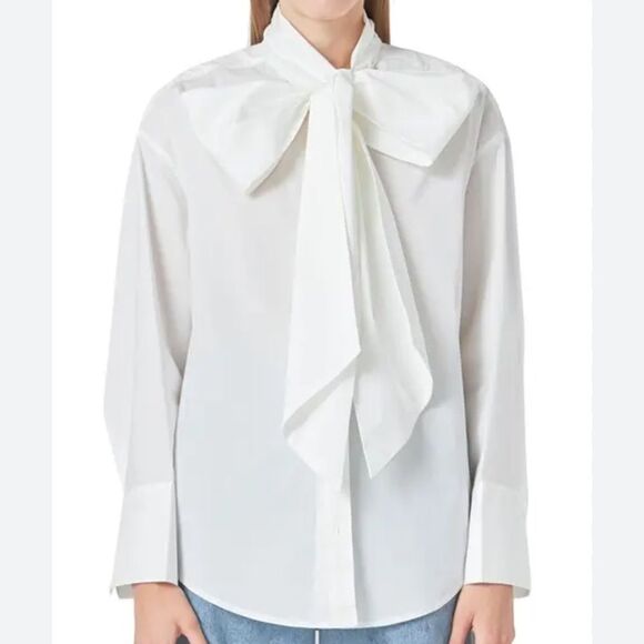 Grey Lab White Bow Detail Button Down Cotton Shirt(Size Medium) - Picture 1 of 8